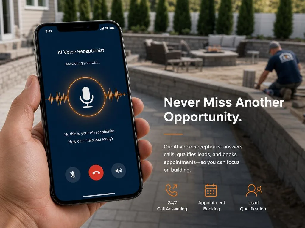 AI-driven multi-call interface for landscape construction and hardscaping businesses, featuring full backyard remodel, outdoor kitchen, retaining wall, and commercial site work inquiries.