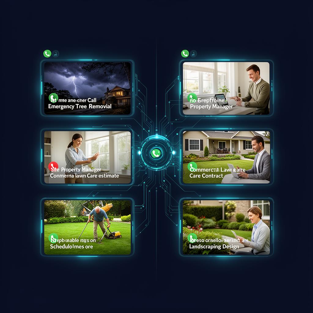 AI-driven multi-call interface for tree service and landscaping businesses, featuring emergency tree removal, lawn care estimates, property management, and landscaping design.