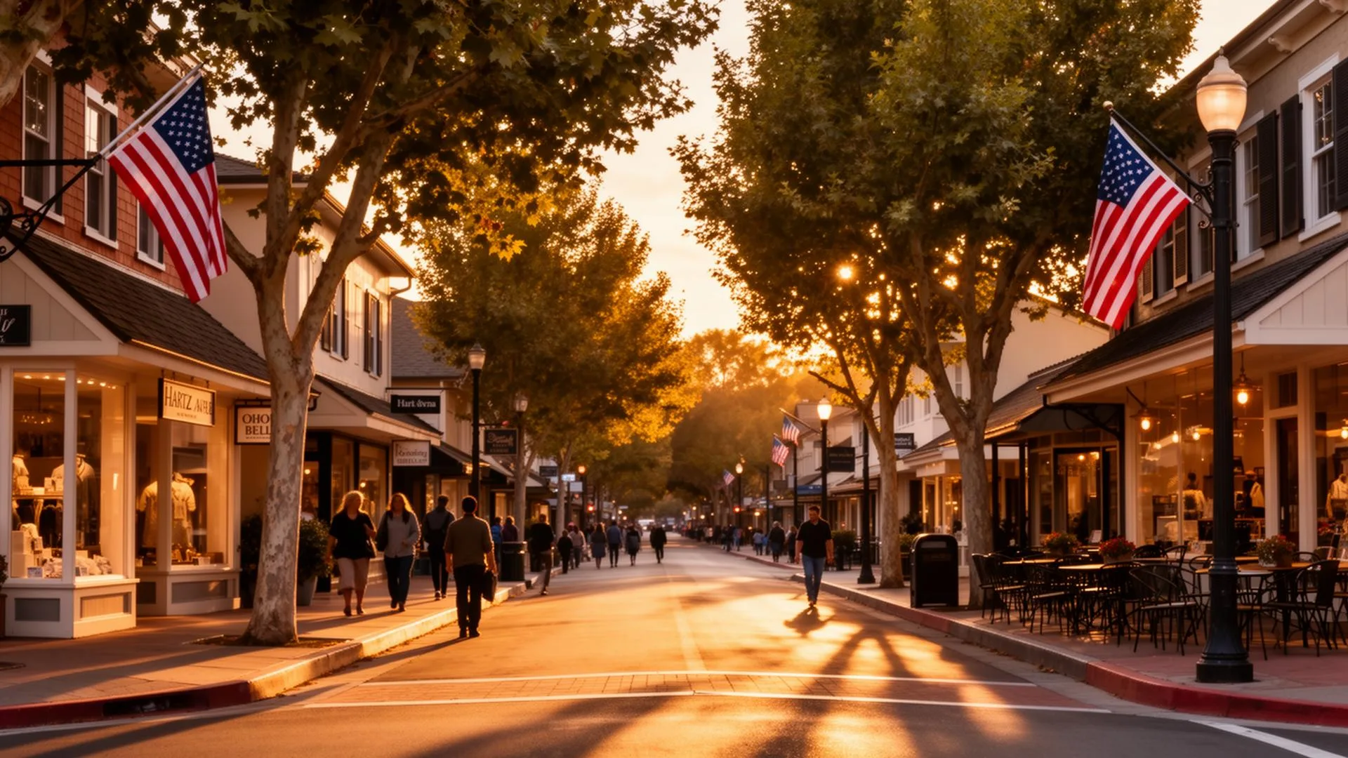 Charming Danville street at sunset, featuring local shops, American flags, and pedestrians enjoying the vibrant atmosphere.
