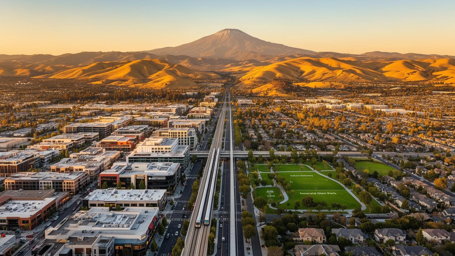 Aerial view of Dublin, California, showcasing modern commercial buildings, residential neighborhoods, and rolling hills with Mount Diablo in the background, highlighting the local landscape and community.