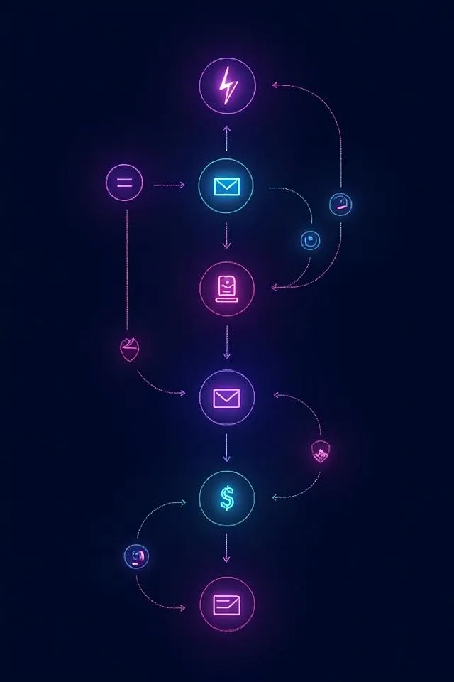 Email and SMS marketing workflow diagram with icons representing lead generation, customer engagement, and conversion processes, designed for digital marketing strategies aimed at painting contractors.