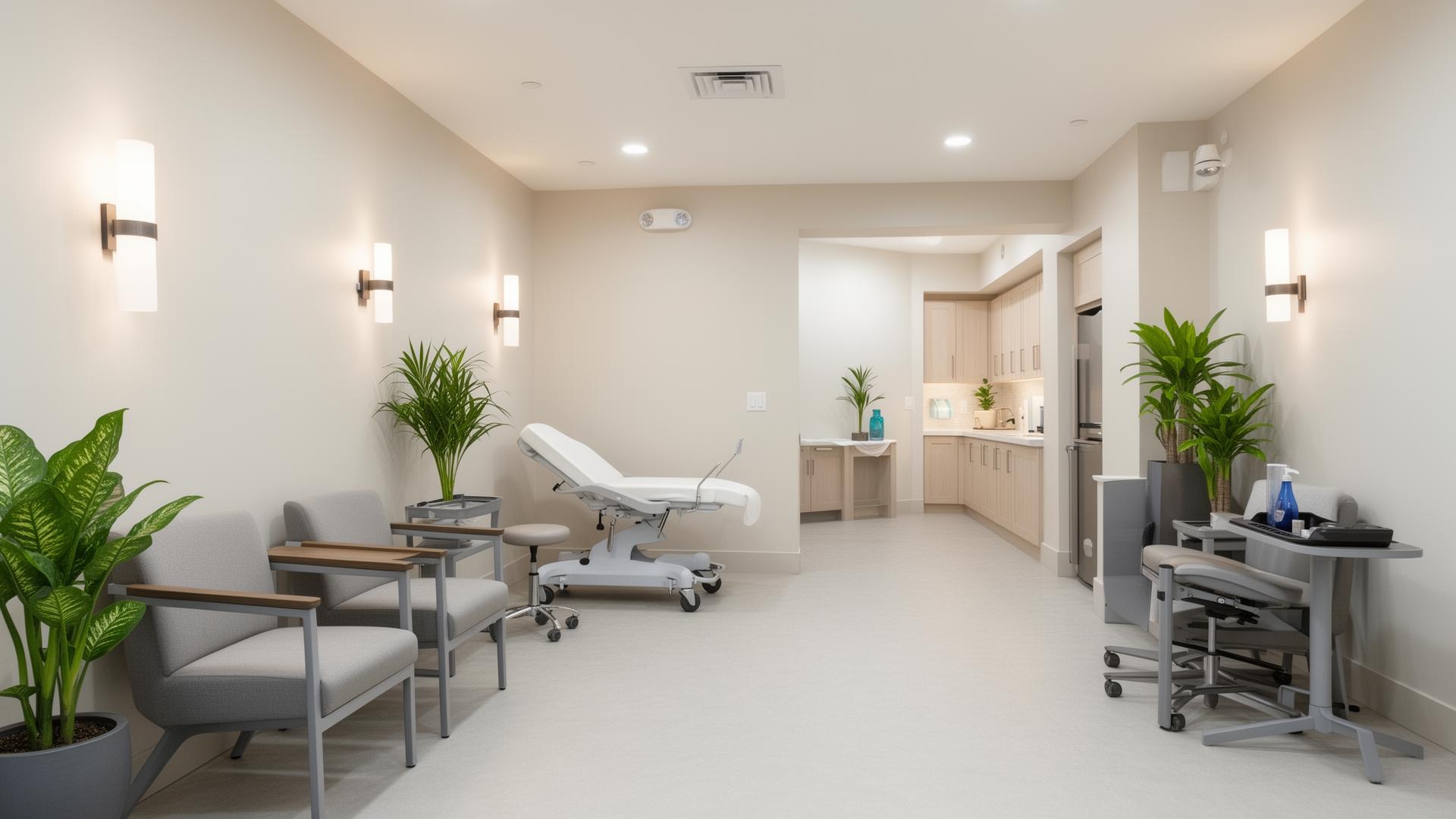 Modern health and wellness practice interior featuring treatment chair, waiting area with plants, and kitchenette, emphasizing patient comfort and professional environment.