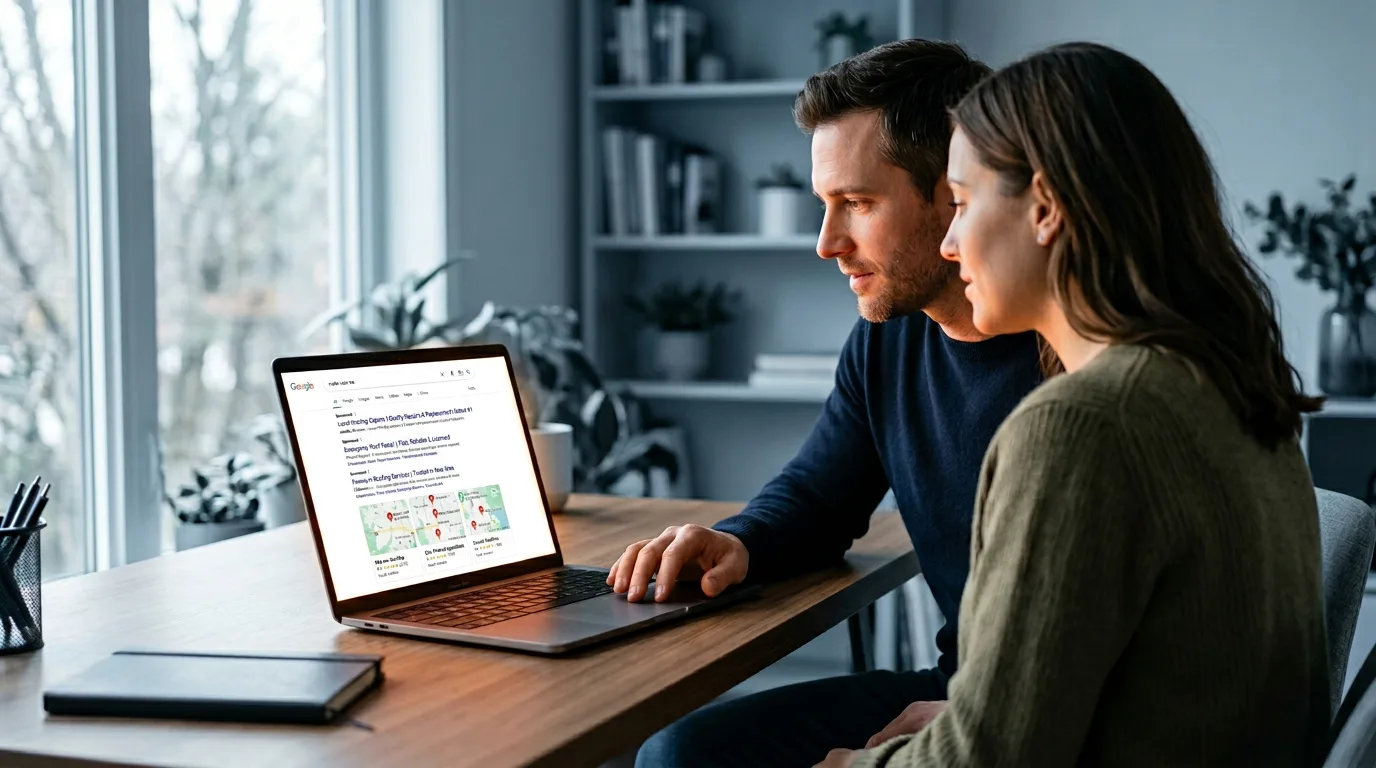 Couple analyzing Google search results on laptop, focused on local service business leads and advertising strategies.