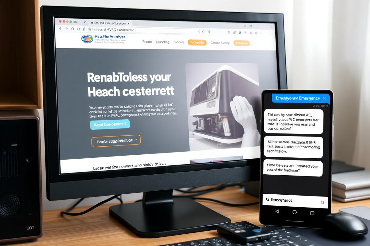 Computer screen displaying HVAC service website with emergency chat feature and HVAC unit image.