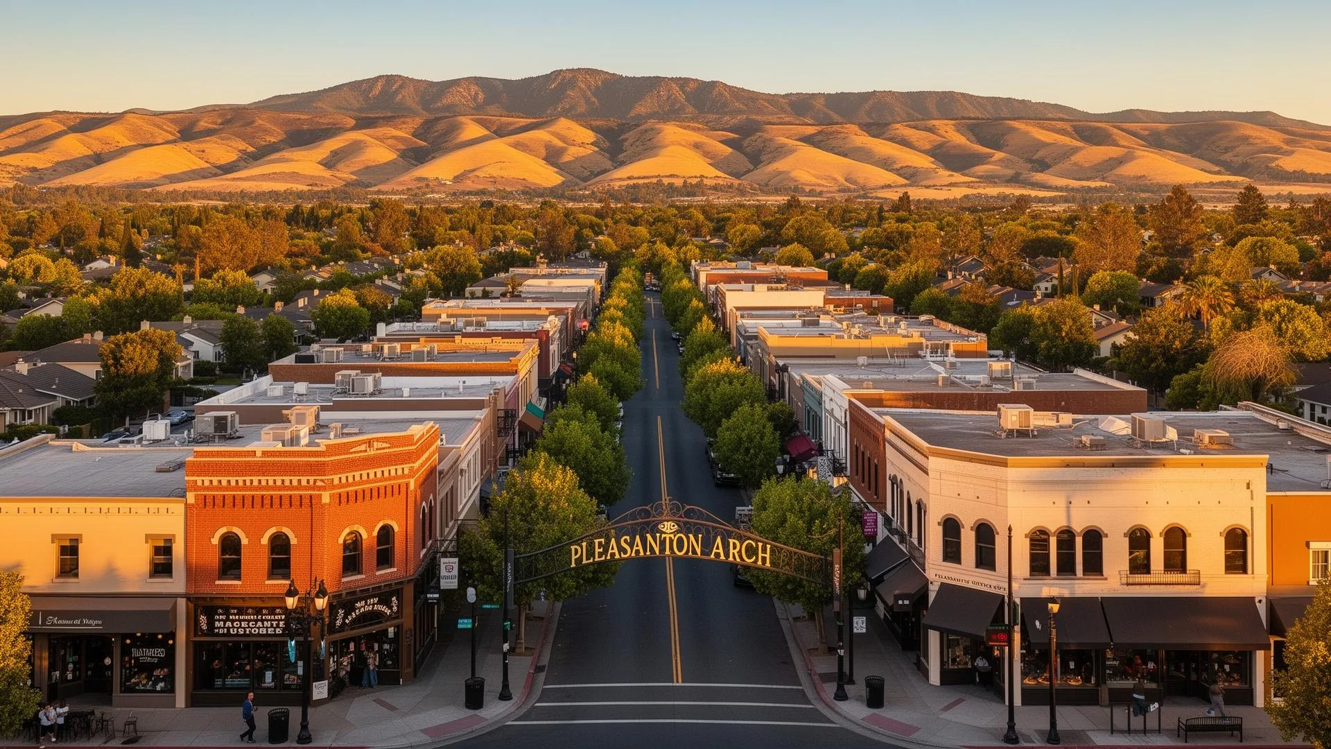 Pleasanton downtown view featuring Pleasanton Arch, lined with trees and historic buildings, with rolling hills in the background, representing local business community in Pleasanton, CA.