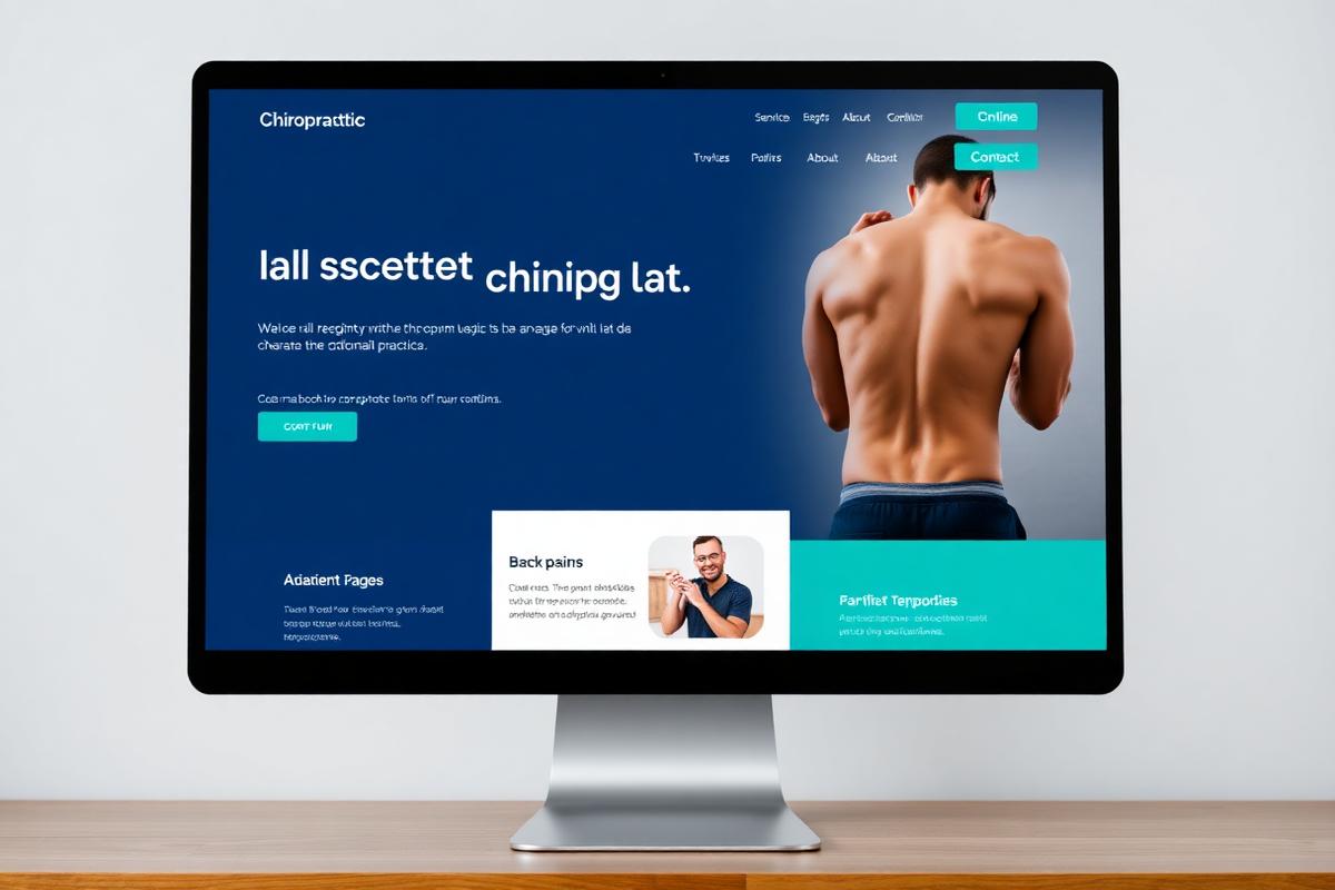 Chiropractic website interface on a computer screen, featuring a male figure with visible back muscles, emphasizing chiropractic services and patient engagement.