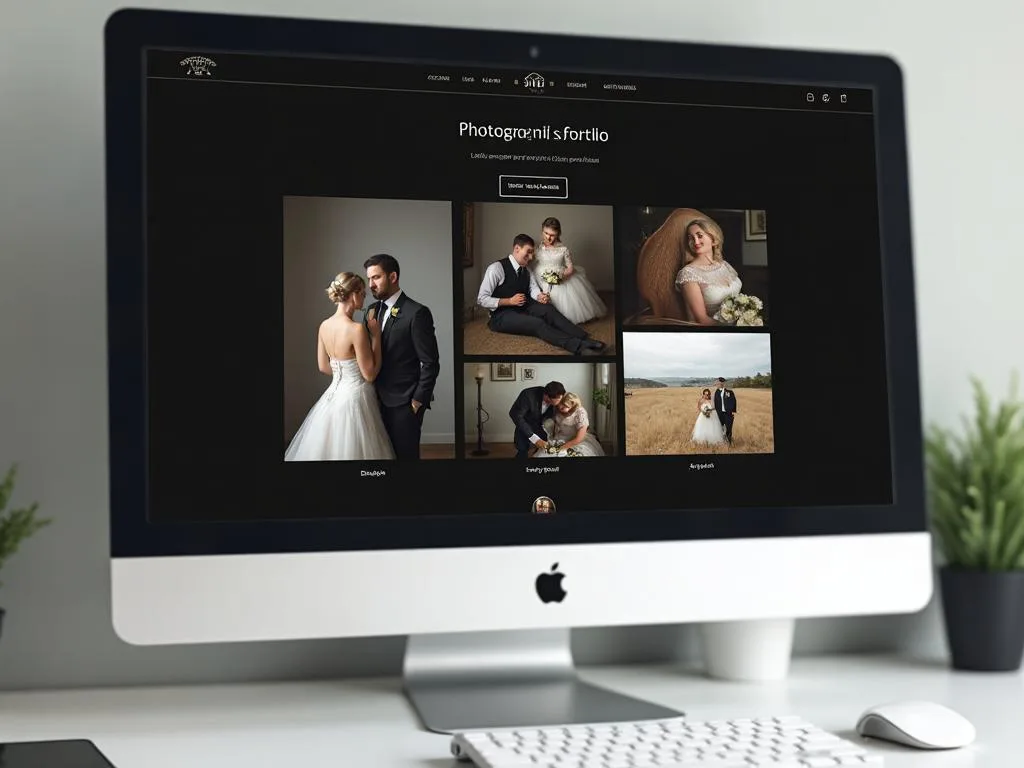 Computer monitor displaying a photographer's portfolio website featuring wedding photography images, including couples in formal attire, showcasing various poses and settings, emphasizing marketing solutions for photographers.