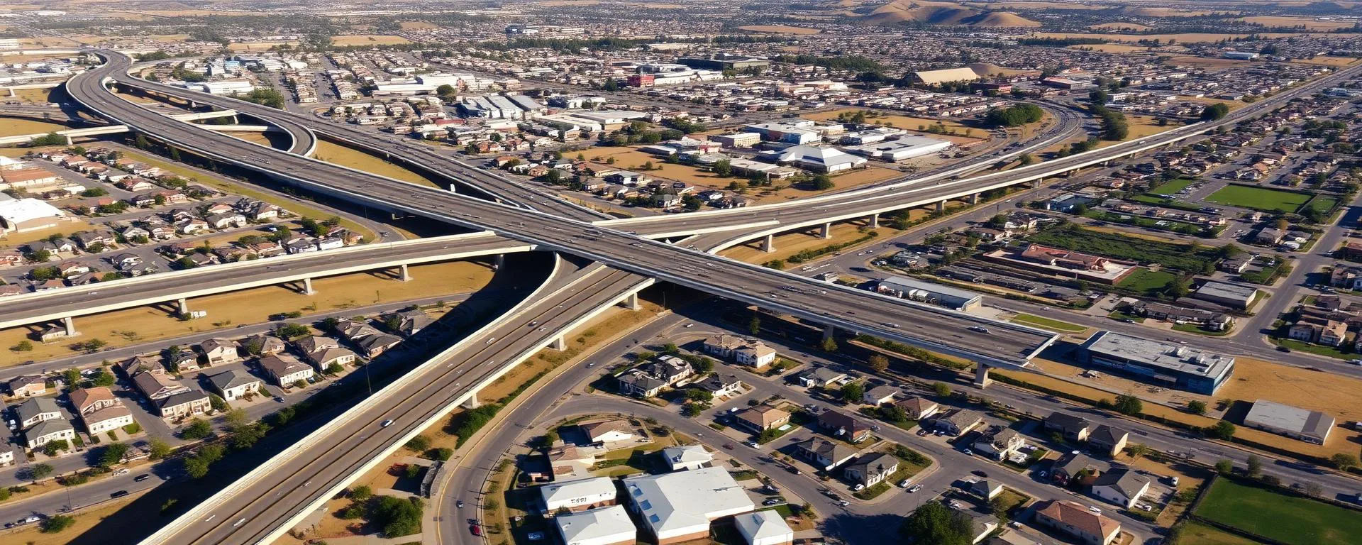 Aerial view of Tracy, CA, showcasing highway interchange and surrounding residential and commercial areas, highlighting local infrastructure relevant for digital marketing strategies.