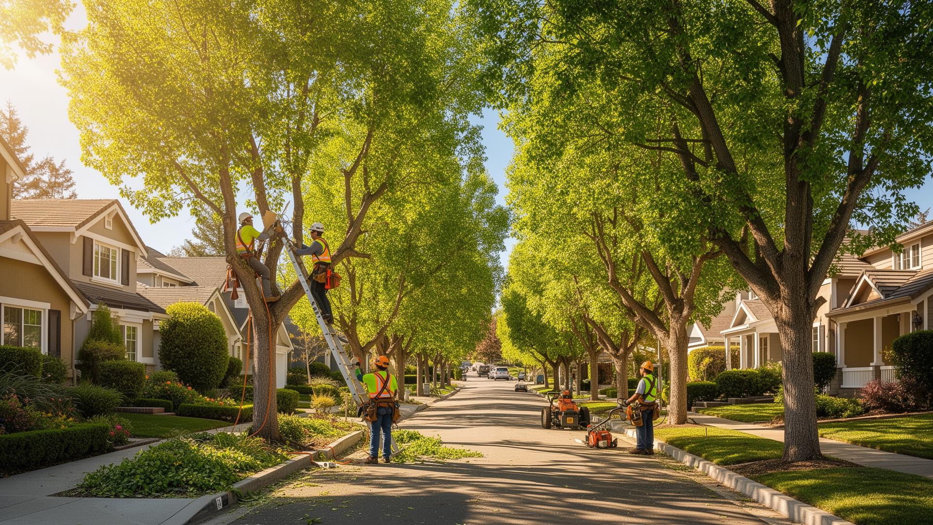 Tree service crew removing a damaged tree and a landscape remodeling project in a residential neighborhood, showcasing high-ticket tree and landscape work.
