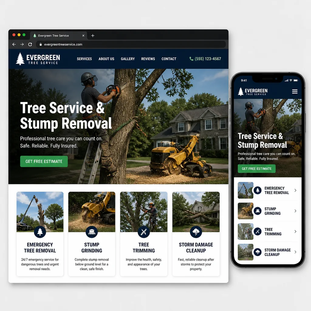 Responsive website preview for a tree service and stump removal company, showing desktop and mobile versions with emergency tree removal, stump grinding, tree trimming, and storm damage cleanup services.
